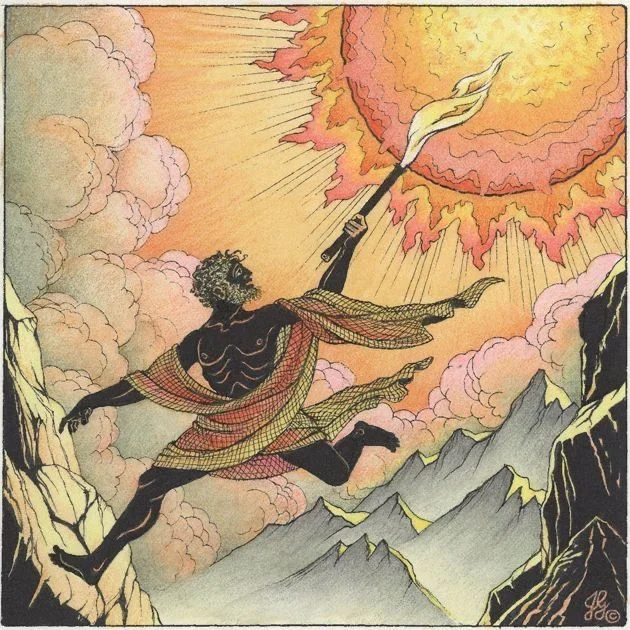 Ilustración de Prometeo llevando el fuego a los hombres